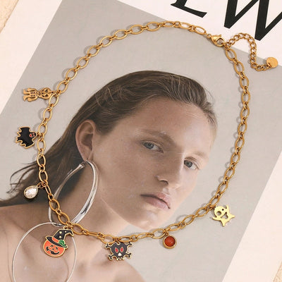 Jewelry Cartoon Style Cute Pumpkin Bat Ghost 304 Stainless Steel Rhinestones 18K Gold Plated Enamel Plating Inlay Pendant Necklace