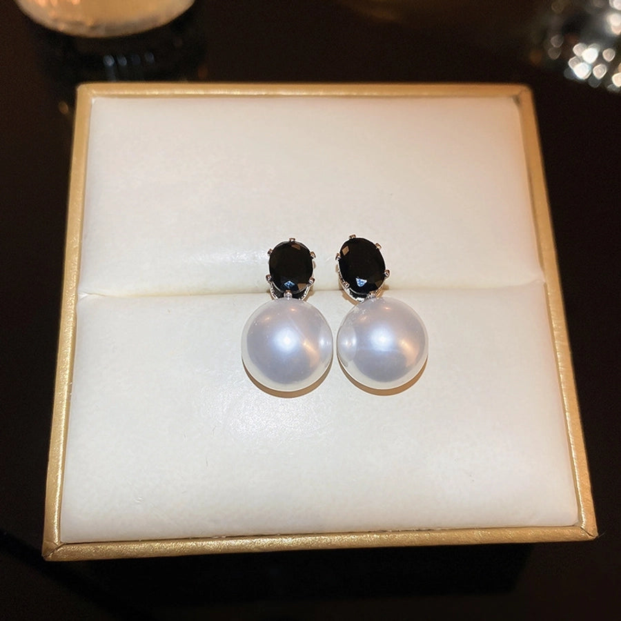 1 Pair Casual Simple Style Streetwear Geometric Inlay Copper Imitation Pearl Zircon Drop Earrings
