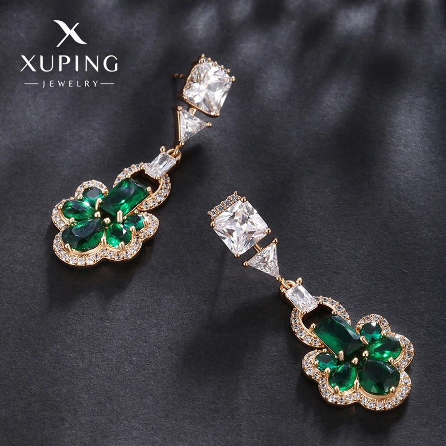 1 Pair Elegant Flower Plating Copper Artificial Gemstones 18K Gold Plated Drop Earrings