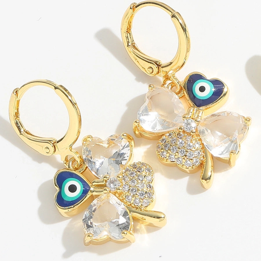 1 Pair Elegant Simple Style Commute Four Leaf Clover Heart Shape Enamel Inlay Copper Zircon 14K Gold Plated Drop Earrings