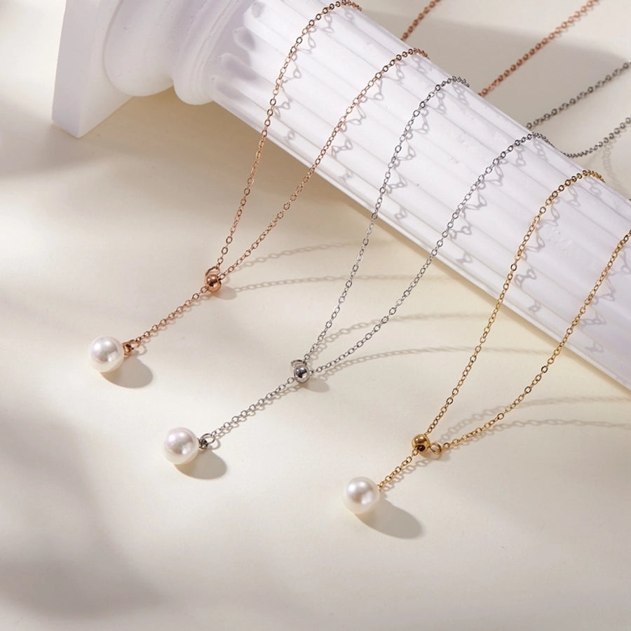 Jewelry Vintage Style Simple Style Classic Style Round 304 Stainless Steel Pearl Gold Plated Inlay Pendant Necklace