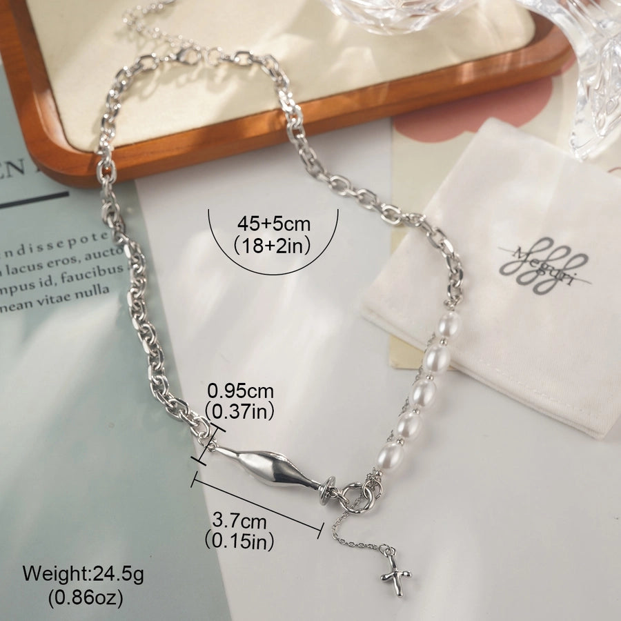 Alloy Copper White Gold Plated Four Eight-Pointed Stars Glass Pearl Zircon Necklace