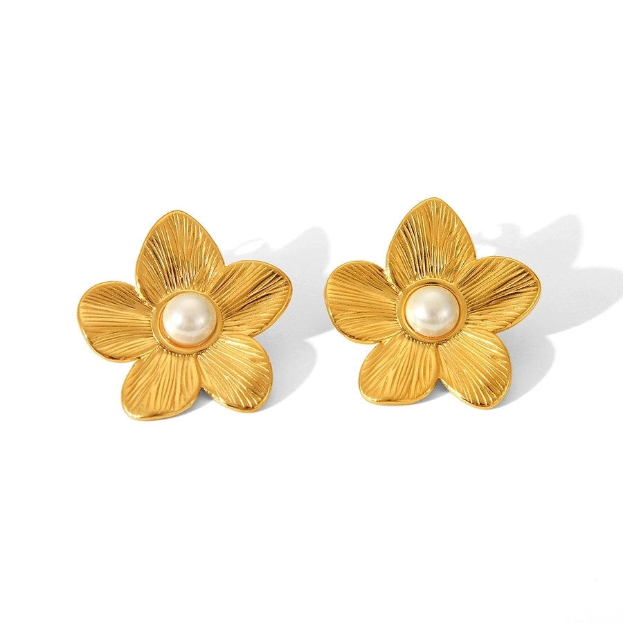 1 Piece IG Style Flower Plating Inlay 304 Stainless Steel Natural Stone Pearl 18K Gold Plated Drop Earrings Ear Studs
