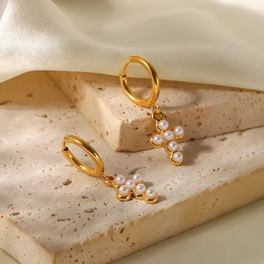 1 Pair Casual Modern Style Simple Style Cross Plating 304 Stainless Steel Imitation Pearl Rhinestones 18K Gold Plated Earrings