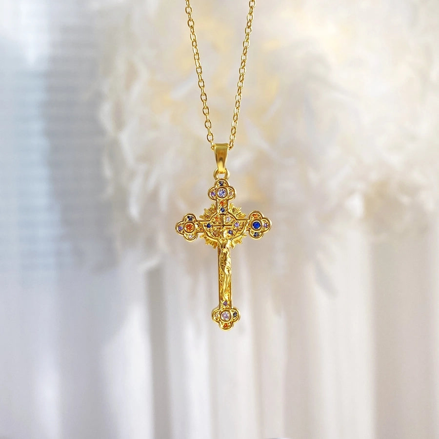 Copper cable chain Plating Cross Zircon Pendant Necklace