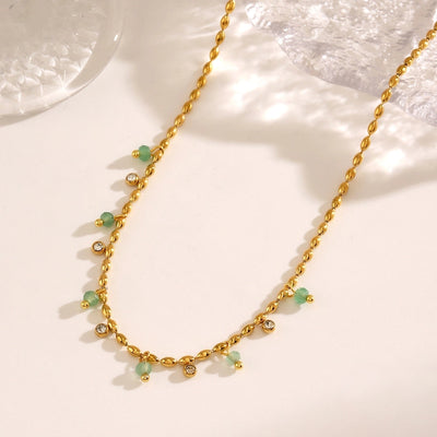 Jewelry Casual Vintage Style Round 304 Stainless Steel Zircon 18K Gold Plated Green Aventurine Inlay Necklace