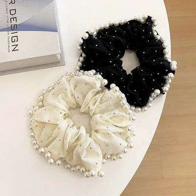 Large Embroidered Pearl Mesh Large Intestine Hair Ring Ponytail Hair String Retro Simple French High-End Hepburn Style Hair Accessories for Women