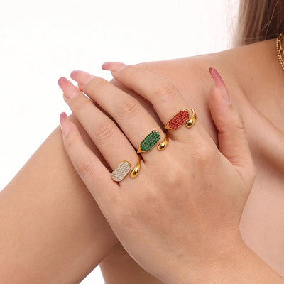 Jewelry Elegant Luxurious Geometric 304 Stainless Steel Zircon 18K Gold Plated Inlay Open Rings