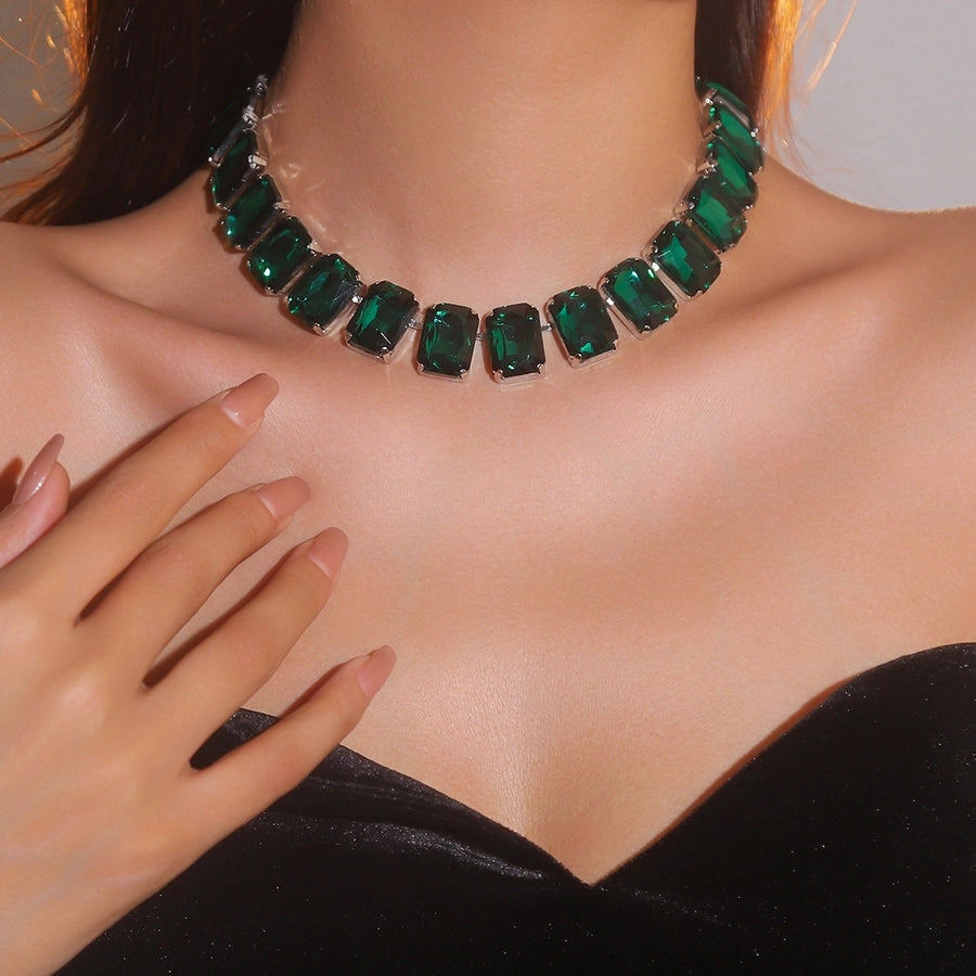 Copper Tennis Chain Inlay Rectangle Rhinestones Pendant Necklace