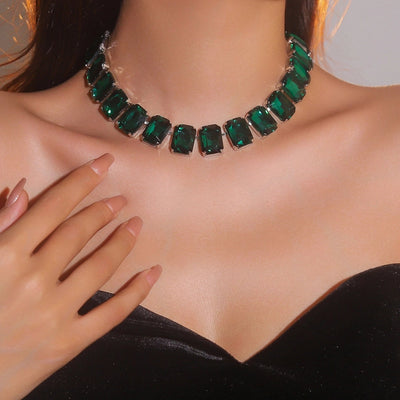 Copper Tennis Chain Inlay Rectangle Rhinestones Pendant Necklace