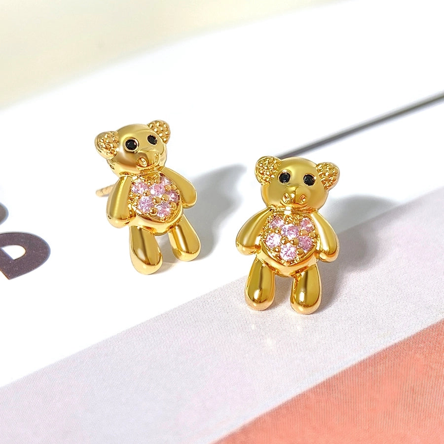 1 Pair Cute Bear Copper Zircon Ear Studs