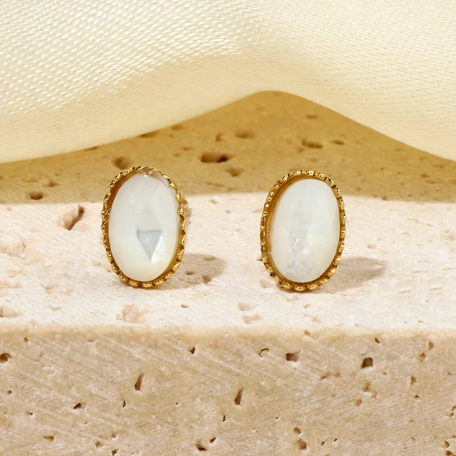 One Pack and Two Pairs Retro French Style Geometric Plating Titanium Steel Natural Stone 14K Gold Plated Ear Studs