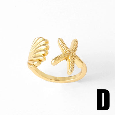 Copper 18K Gold Plated Plating Starfish Conch Fish Bone Open Rings