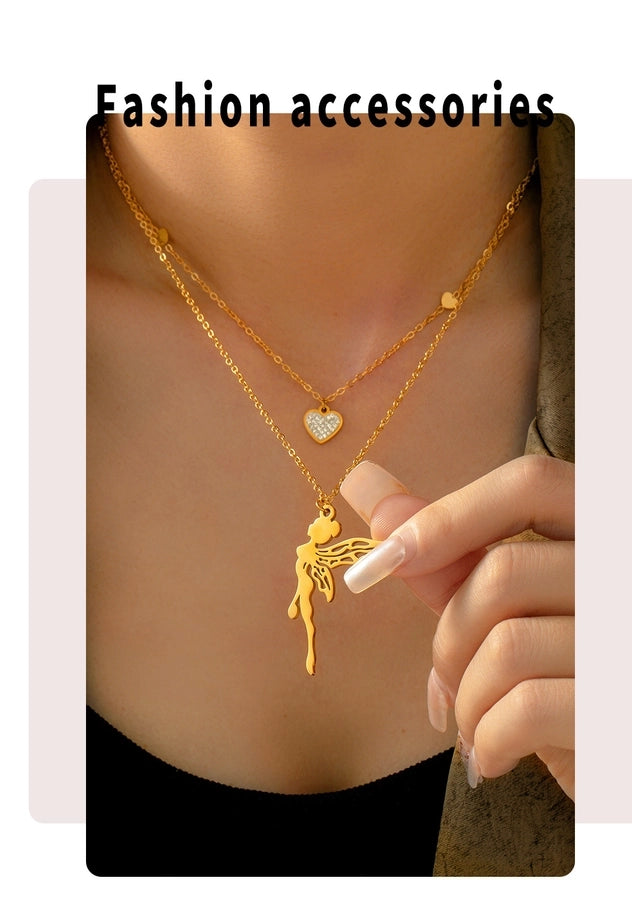 Jewelry Sweet Korean Style Angel Heart Shape 304 Stainless Steel Rhinestones 18K Gold Plated Layered Plating Inlay Double Layer Necklaces Pendant Necklace