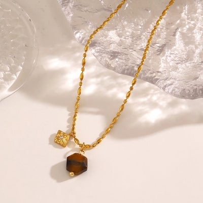 Jewelry Vintage Style Geometric 304 Stainless Steel Rhinestones Tiger Eye 18K Gold Plated Inlay Pendant Necklace