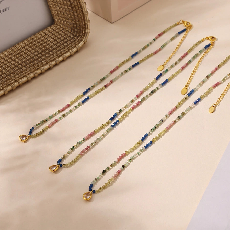 Elegant Water Droplets 304 Stainless Steel natural stone 18K Gold Plated Opal Beaded Chain Pendant Necklace In Bulk