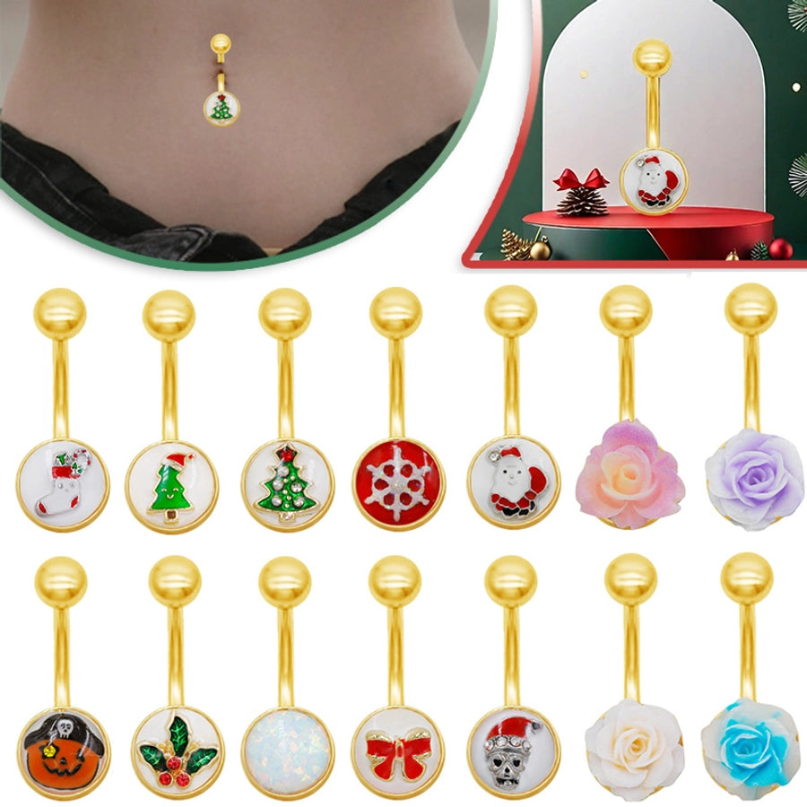 1 Piece Belly Rings Punk Simple Style Artistic Maple Leaf Rose 316 Stainless Steel  Alloy Epoxy Acrylic Rhinestones 18K Gold Plated