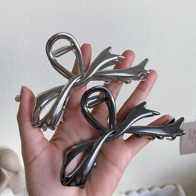Ribbon bow hairpin for women  new back head clip shark clip high-end silver metal clip hairpin