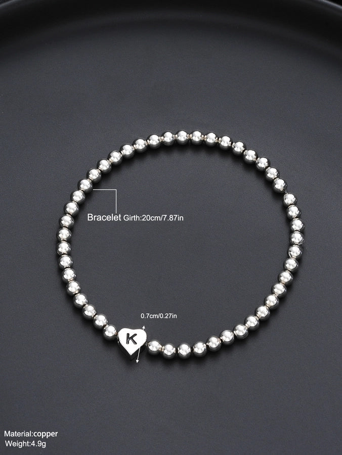 Europe and America Cross Border Hot Sale Creative 26 Letters round Beads Heart-Shaped Copper Bracelet Fashion Ins Simple Beaded Elastic Bracelet
