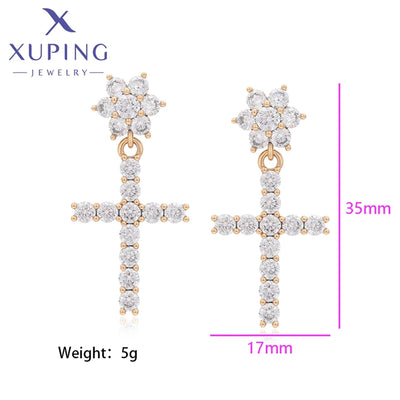 1 Pair XUPING Simple Style Shiny Cross Flower Inlay Copper Artificial Gemstones 18K Gold Plated Drop Earrings