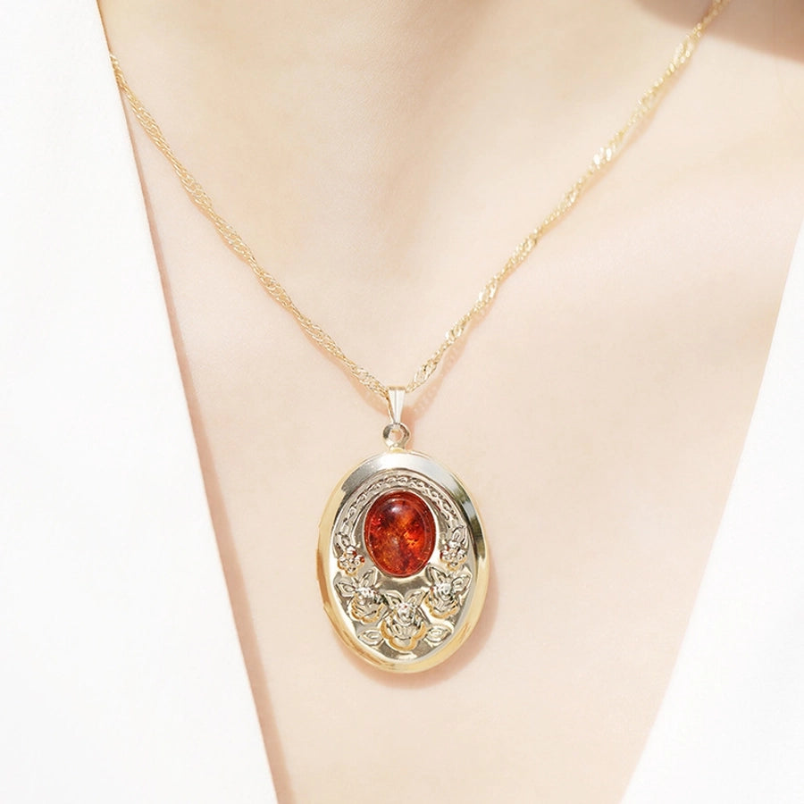 Retro Oval 18K Gold Plated White Gold Plated Turquoise Agate Alloy  Locket Necklace