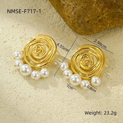 1 Pair IG Style Spiral Stripe Pearl Plating 304 Stainless Steel 18K Gold Plated Ear Studs