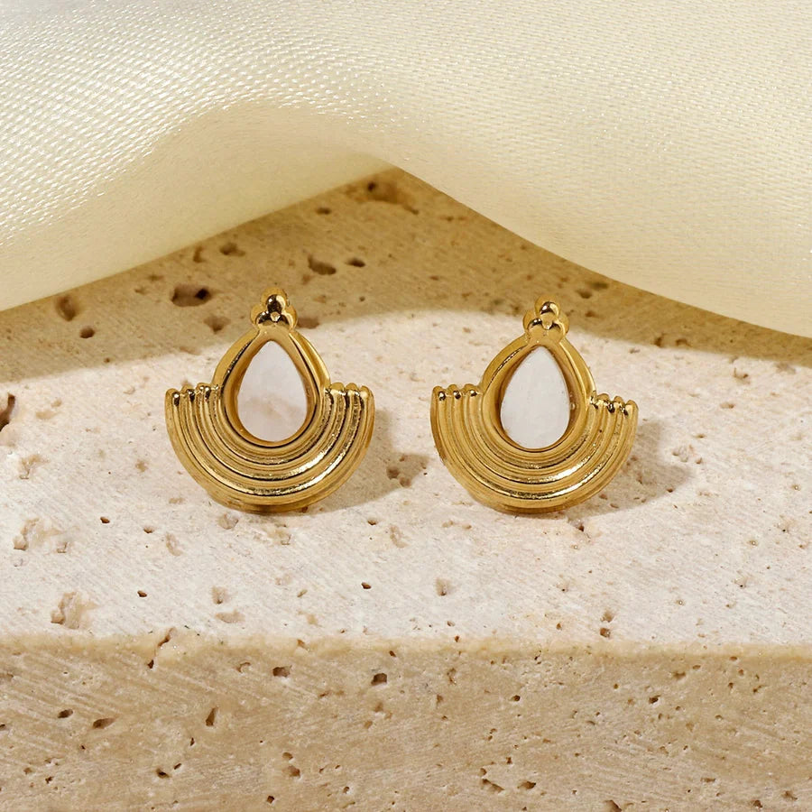 One Pack and Two Pairs Retro French Style Geometric Plating Titanium Steel Natural Stone 14K Gold Plated Ear Studs