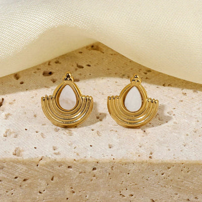 One Pack and Two Pairs Retro French Style Geometric Plating Titanium Steel Natural Stone 14K Gold Plated Ear Studs