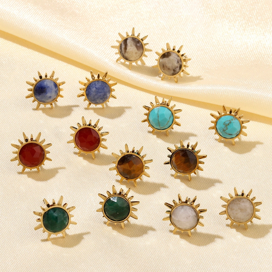 One Pack and Two Pairs Retro French Style Sun Plating Titanium Steel Natural Stone 14K Gold Plated Ear Studs