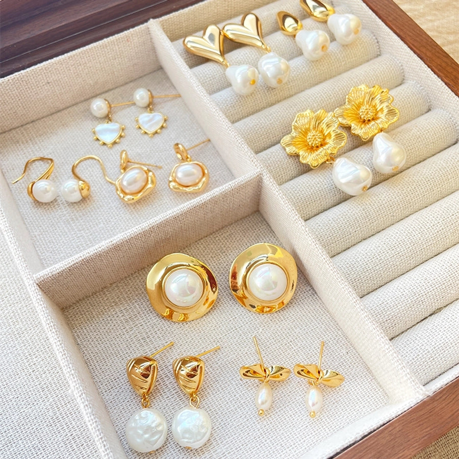 1 Piece Vintage Style Lady Wedding Pearl Inlay Copper Artificial Pearls 18K Gold Plated Drop Earrings