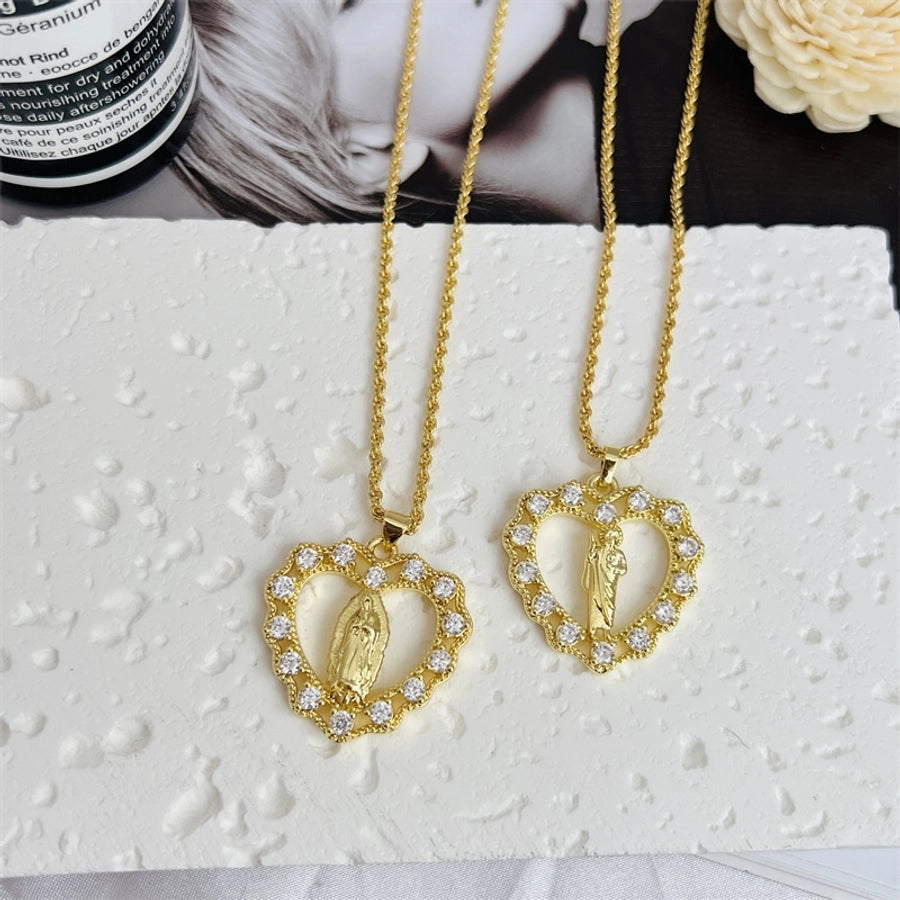 Copper 18K Gold Plated Inlay Human Virgin Mary Heart Shape Artificial Pearls Zircon Pendant Necklace