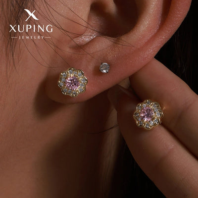 1 Pair XUPING Sweet Simple Style Flower Plating Copper Artificial Gemstones 18K Gold Plated Ear Studs