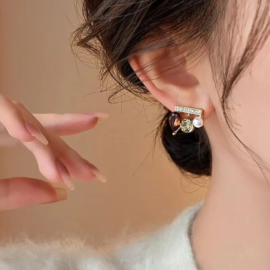 1 Pair Elegant Water Droplets Copper Artificial Gemstones Ear Studs