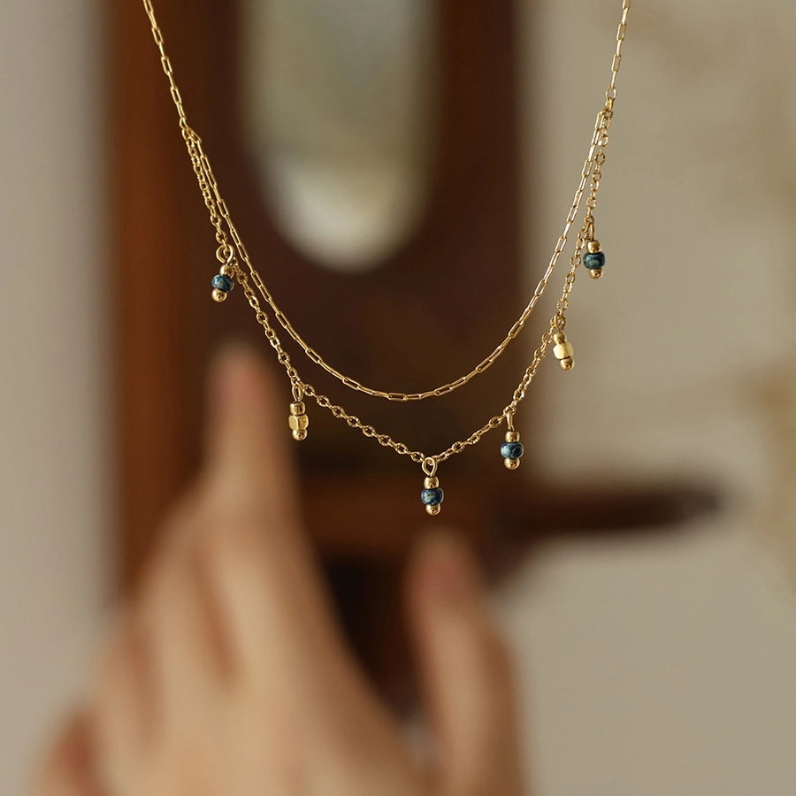 Jewelry Vintage Style Geometric 304 Stainless Steel natural stone 18K Gold Plated Beaded Plating Double Layer Necklaces