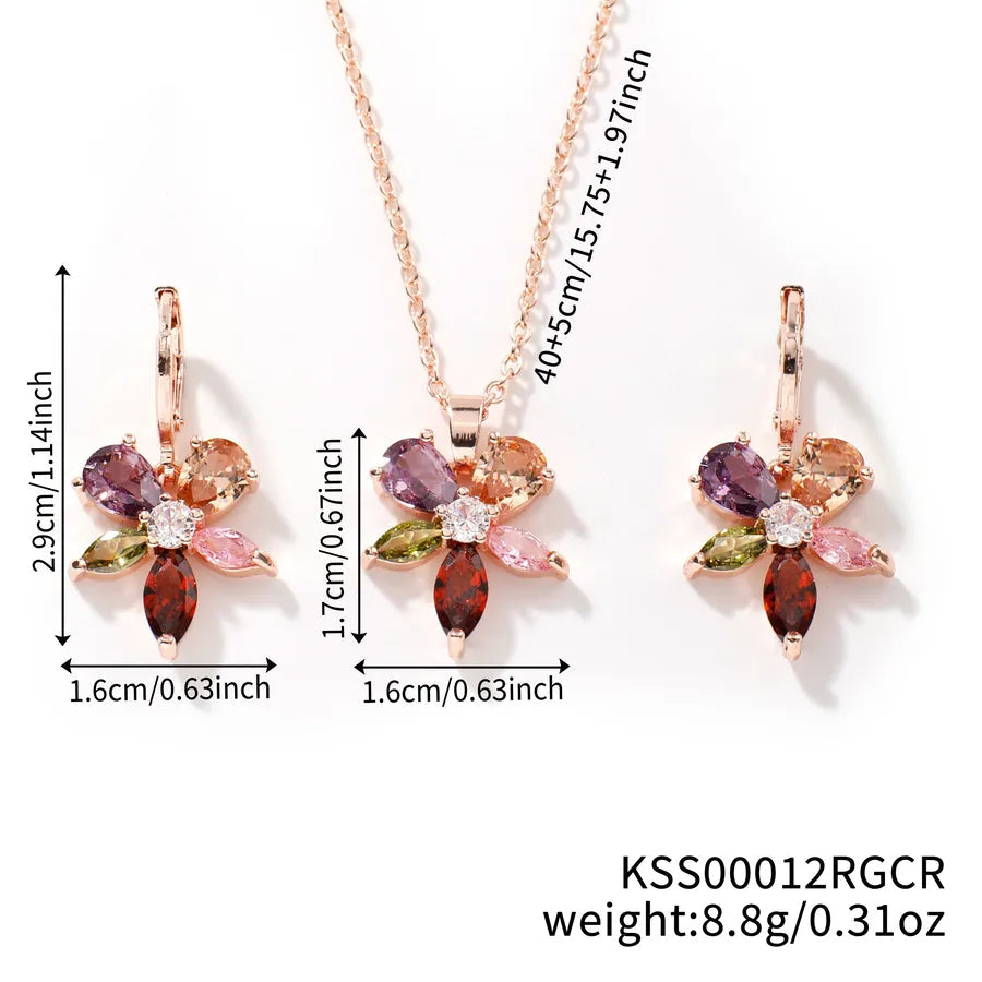 Wholesale Jewelry Sweet Shiny Flower Copper Glass K Gold Plated Inlay Jewelry Set cable chain