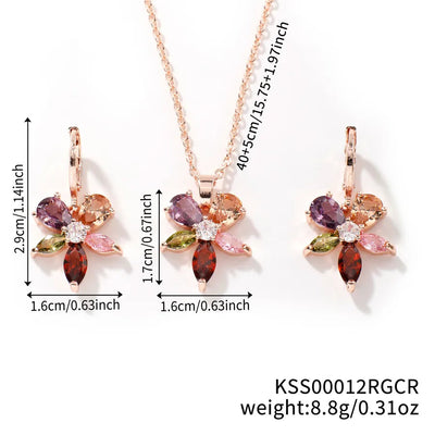 Wholesale Jewelry Sweet Shiny Flower Copper Glass K Gold Plated Inlay Jewelry Set cable chain