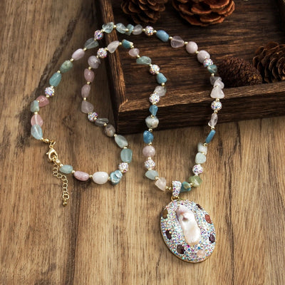 Vintage Style Vacation Geometric natural stone Beaded Chain Pendant Necklace In Bulk