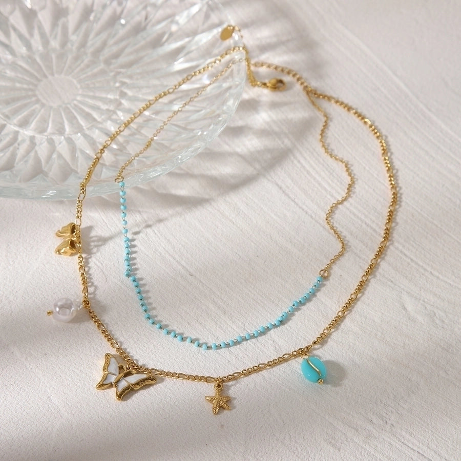 Jewelry Bohemian Marine Style Simple Style Starfish Hippocampus Butterfly 304 Stainless Steel Acrylic 18K Gold Plated Inlay Double Layer Necklaces