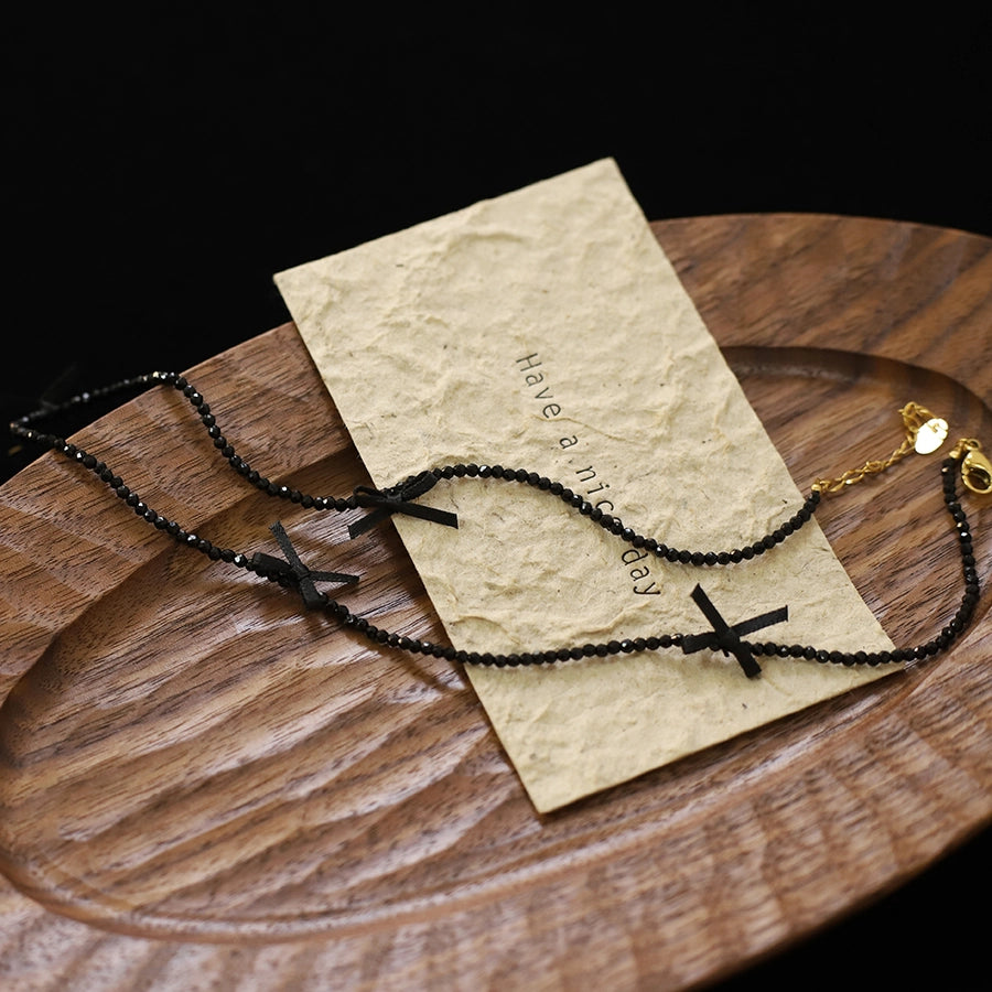 Jewelry Cute Bow Knot 304 Stainless Steel Cloth Glass Beaded Handmade Necklace