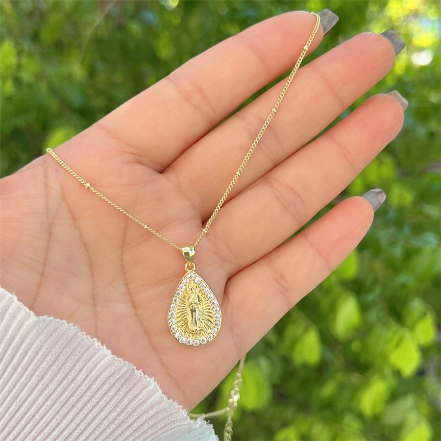 Copper 18K Gold Plated Inlay Virgin Mary Zircon Pendant Necklace