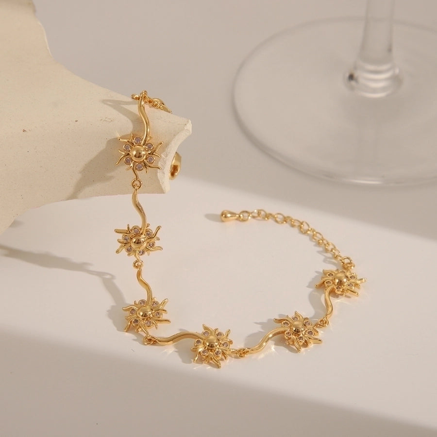 Copper 14K Gold Plated Inlay Sun rose flower Bow Knot Zircon Bracelets Necklace