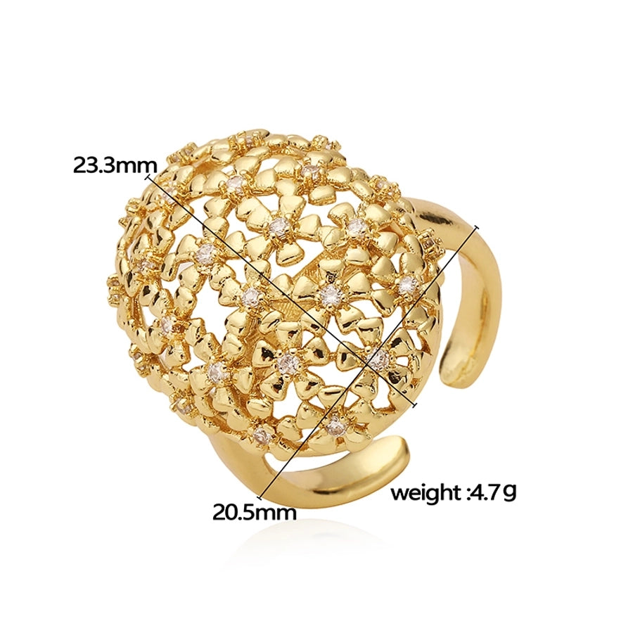 Jewelry Casual Elegant Flower Copper Zircon 18K Gold Plated Plating Hollow Out Inlay Open Rings