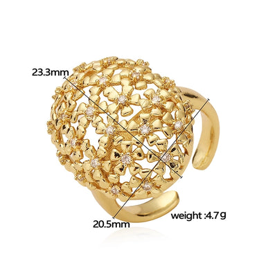 Jewelry Casual Elegant Flower Copper Zircon 18K Gold Plated Plating Hollow Out Inlay Open Rings