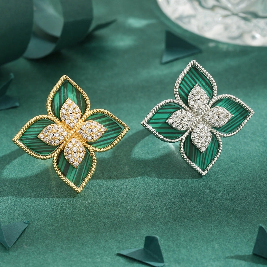 Jewelry Elegant Classic Style Four Leaf Clover Copper Zircon 18K Gold Plated White Gold Plated Rings