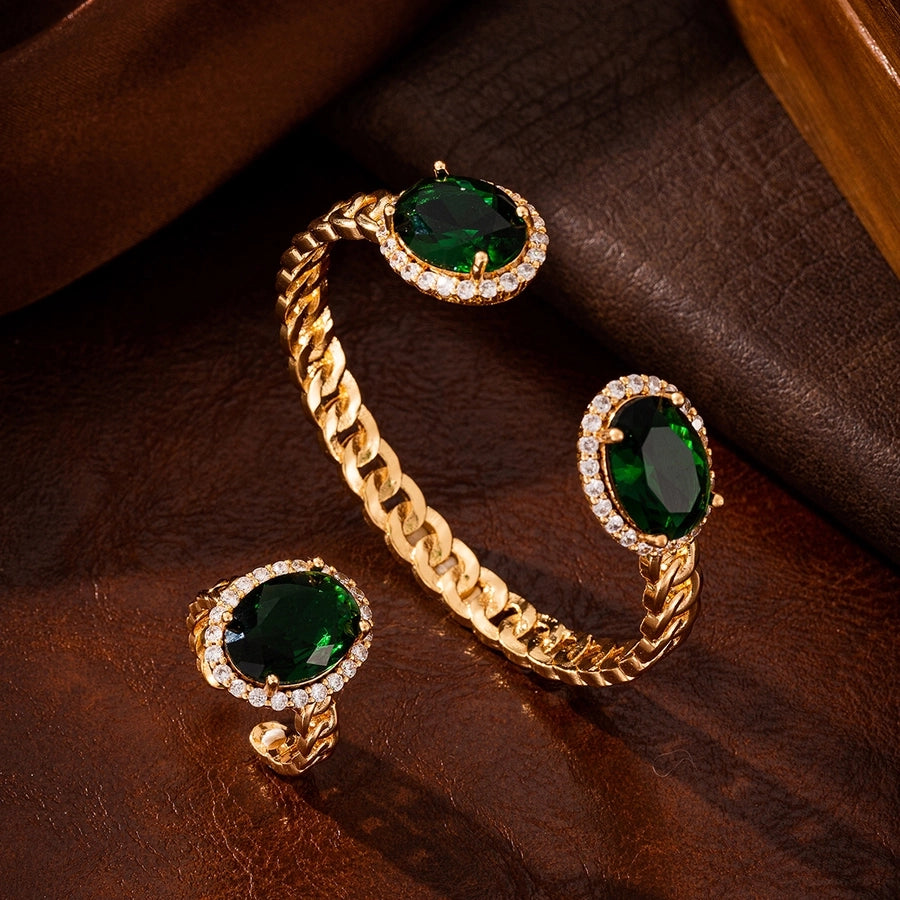 Jewelry Retro Oval Copper Zircon Rings Bracelets Jewelry Set