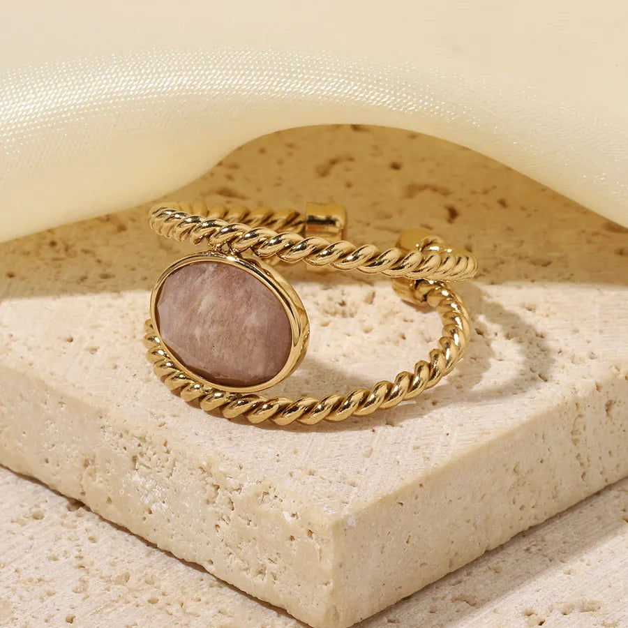 Wholesale Jewelry Retro French Style Oval Titanium Steel Natural Stone 14K Gold Plated Plating Inlay Open Rings