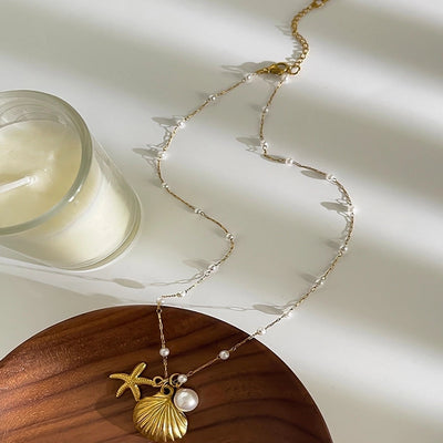 Jewelry Retro Marine Style Beach Starfish Shell 316L Stainless Steel  18K Gold Plated Pendant Necklace