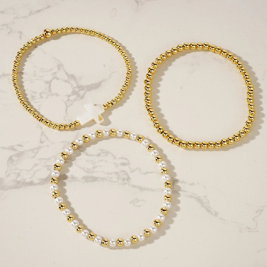 Hot Selling New Shell Cross Copper Bead Imitation Pearl Golden Balls Beads Bracelet Bracelet Three-Piece Set  Foshan