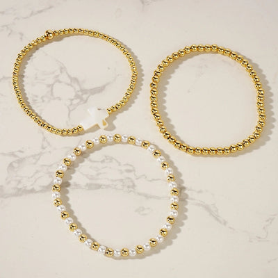 Hot Selling New Shell Cross Copper Bead Imitation Pearl Golden Balls Beads Bracelet Bracelet Three-Piece Set  Foshan