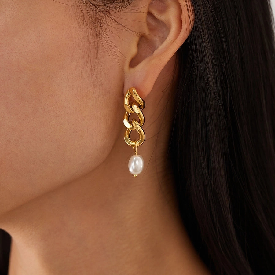 1 Pair French Style Geometric Pearl chain 304 Stainless Steel 18K Gold Plated Drop Earrings
